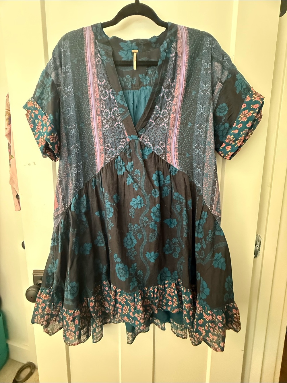 Free People Teal, Black and Pink Patchwork Floral Tunic